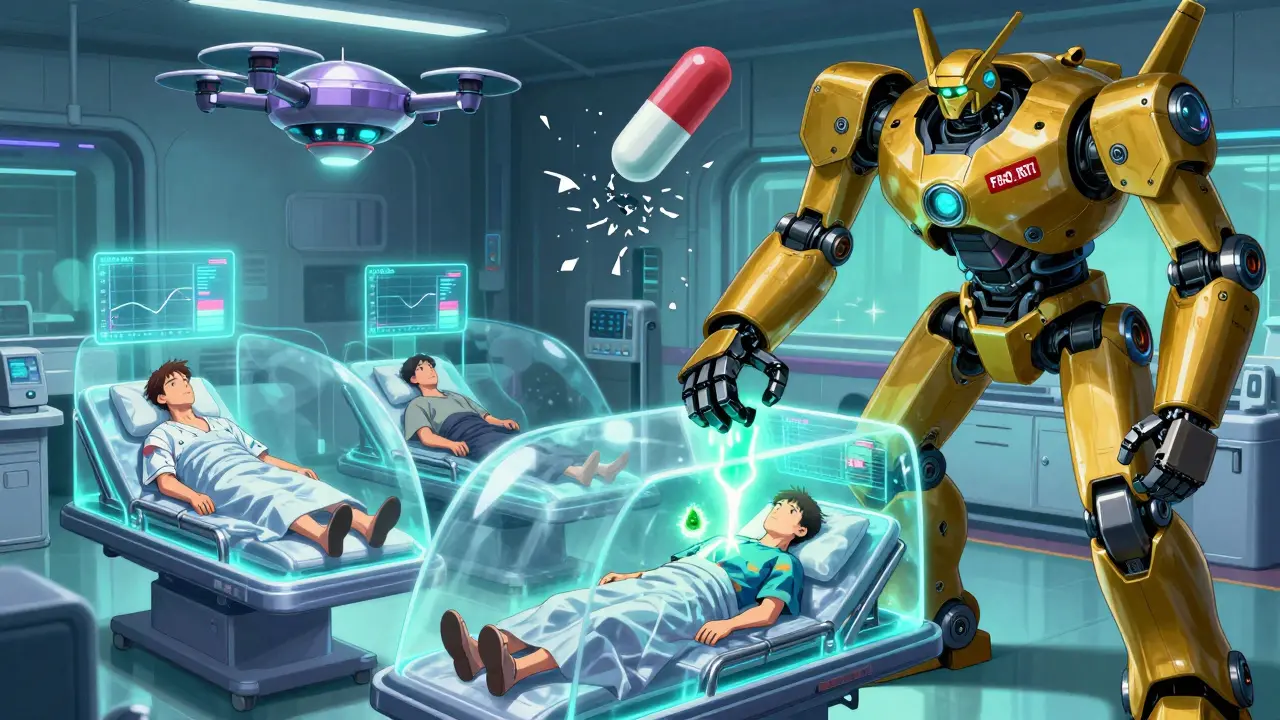 Patients in glowing pods are monitored by AI drones; one has stable drug levels while another spikes, as an FDA seal approves the safe one.
