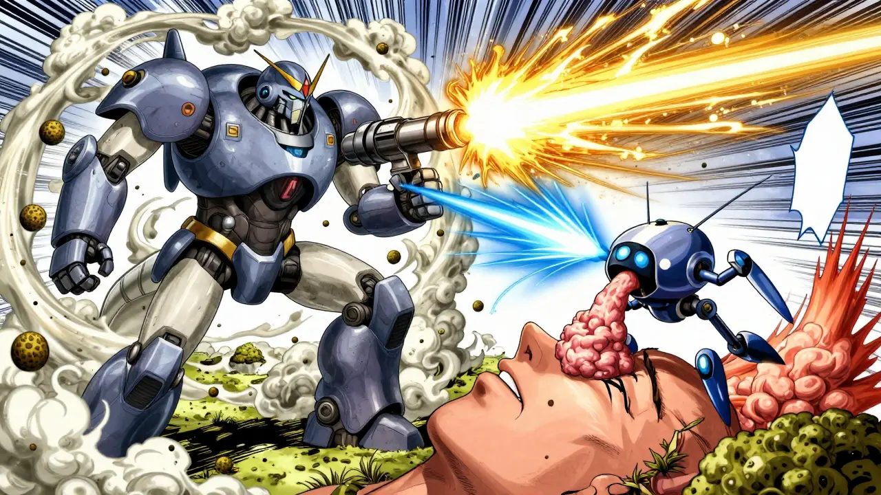 Two allergy-fighting mechs in battle: a powerful corticosteroid robot overpowering a fast but ineffective antihistamine drone.