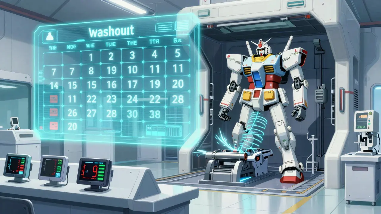 A futuristic command center with a 14-day timer and a robot under repair in anime style.