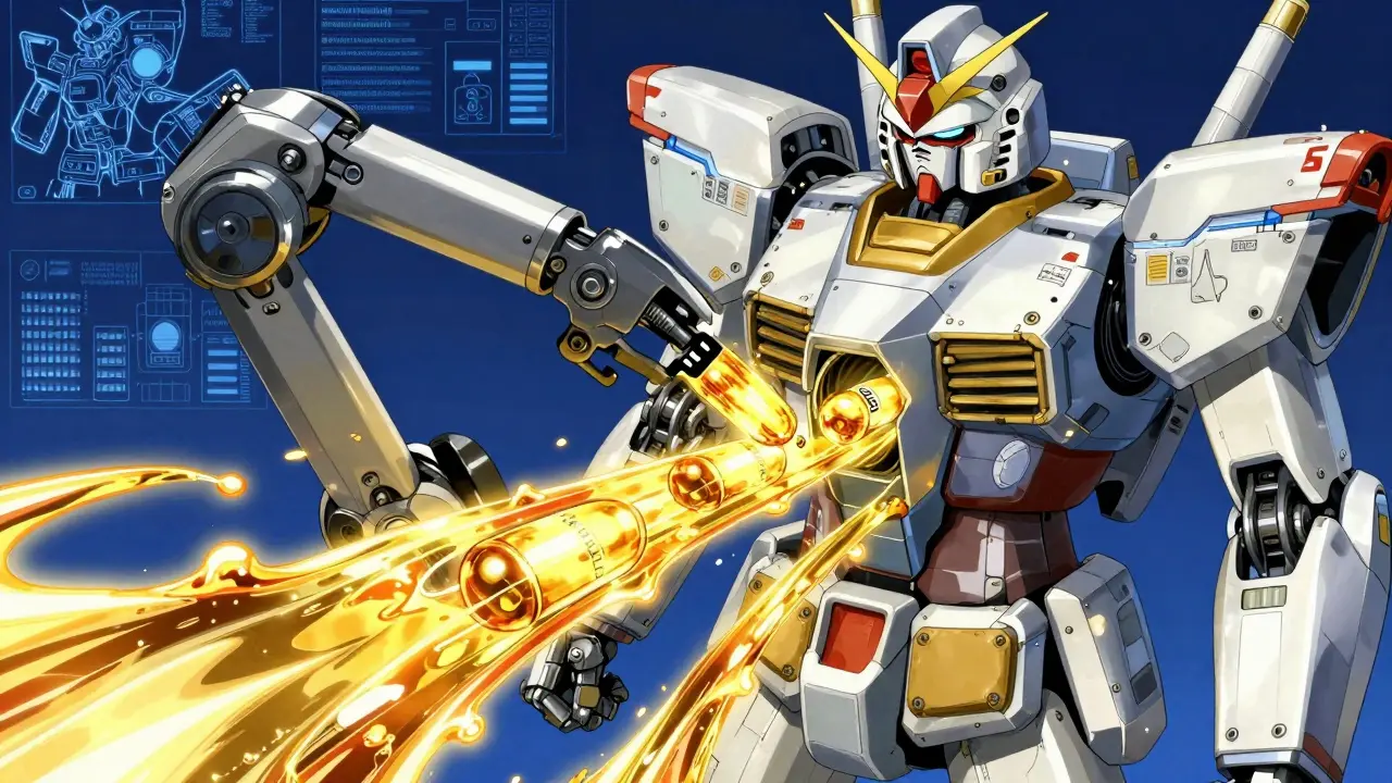 A mechanical arm inserting glowing gold energy capsules into a robot to represent calcium and vitamin D treatment.