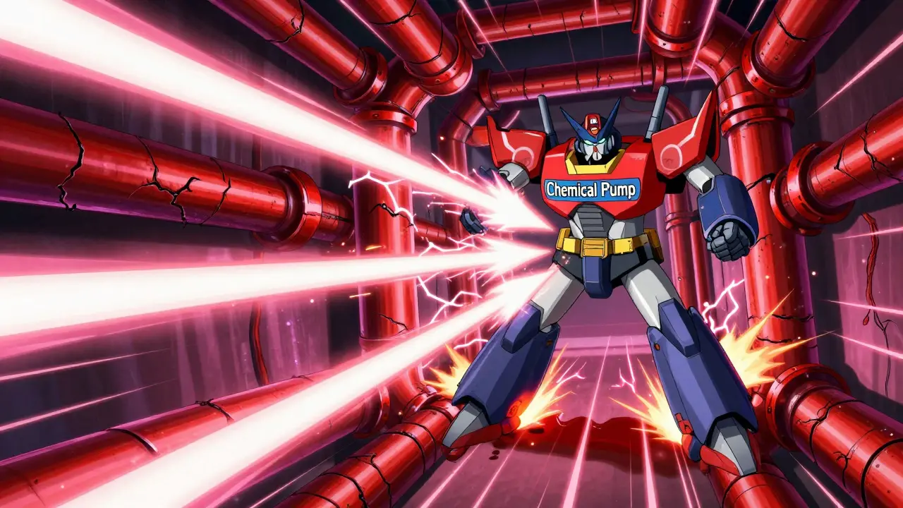 A robot firing energy beams into narrowing red pipes, symbolizing a blood pressure spike in anime style.