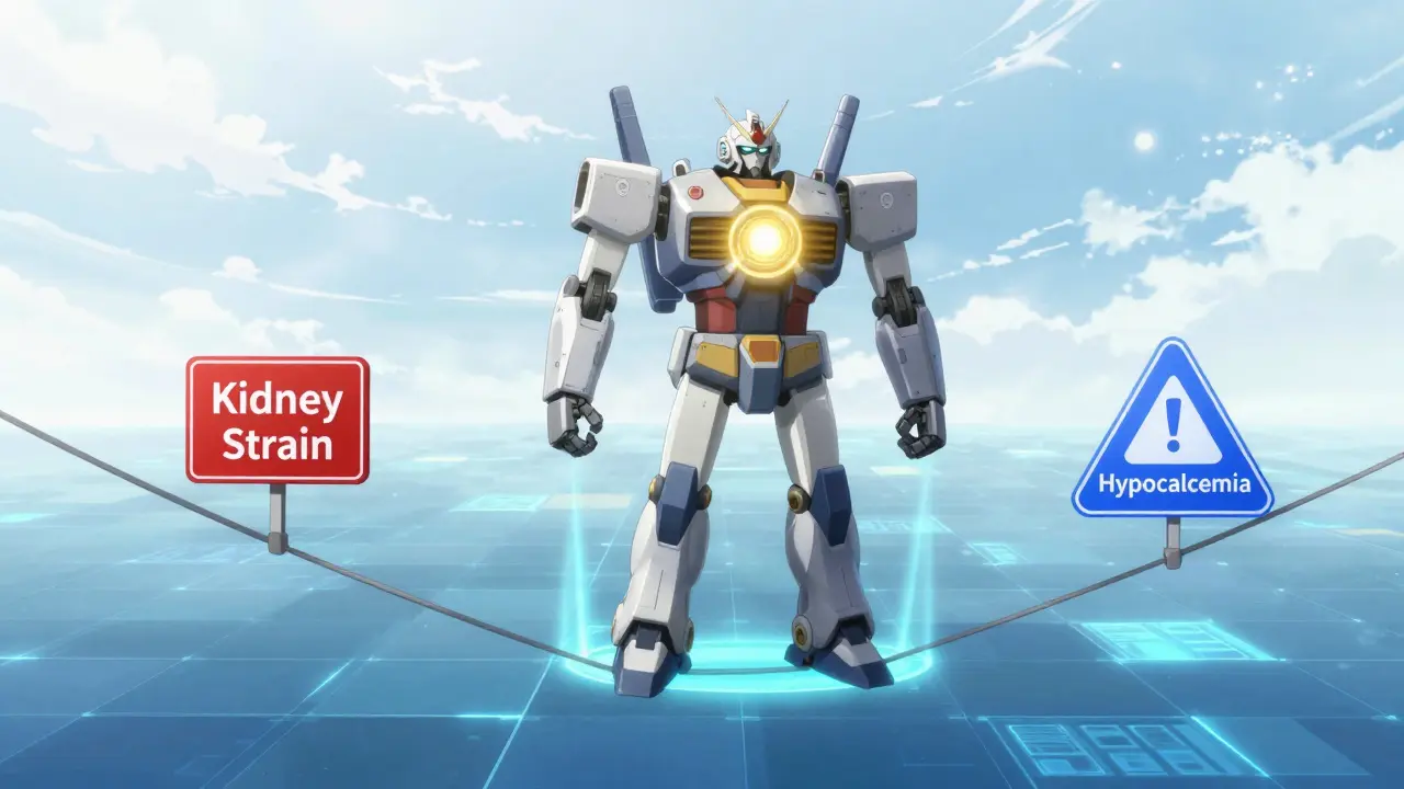 A super robot balancing on a holographic tightrope, representing the stable management of calcium levels.