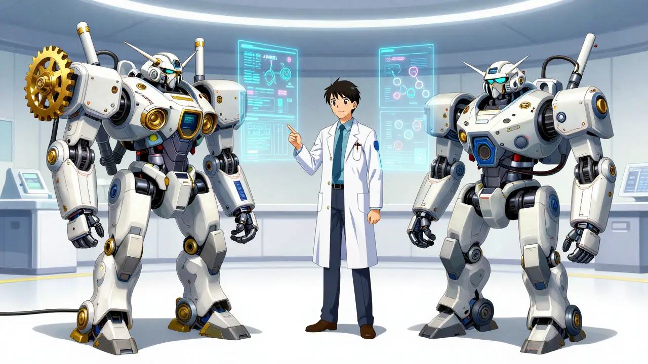 Comparison between a complex brand-name medical device and a simpler generic version in mecha style.