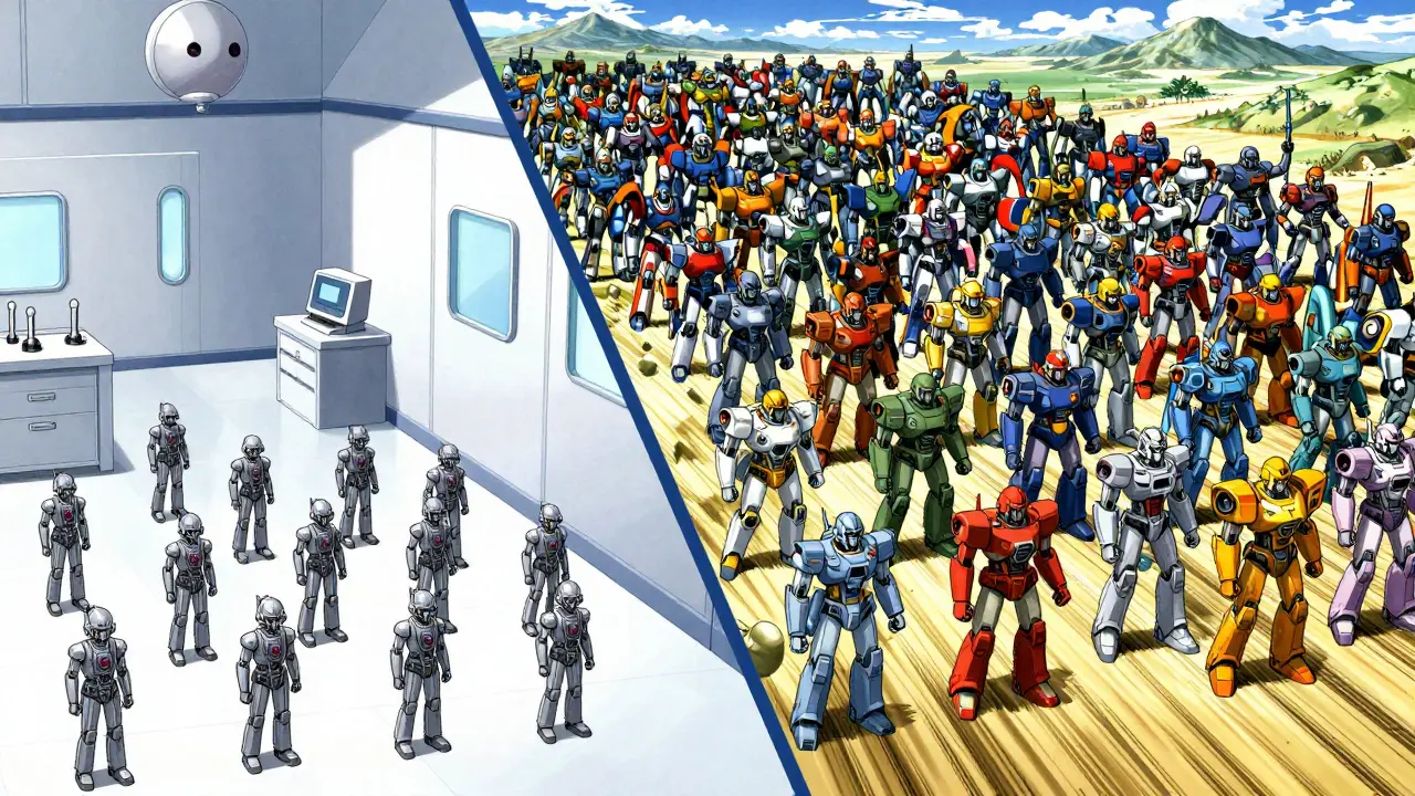Contrast between a few identical robots in a lab and a massive, diverse army of robots in the world.