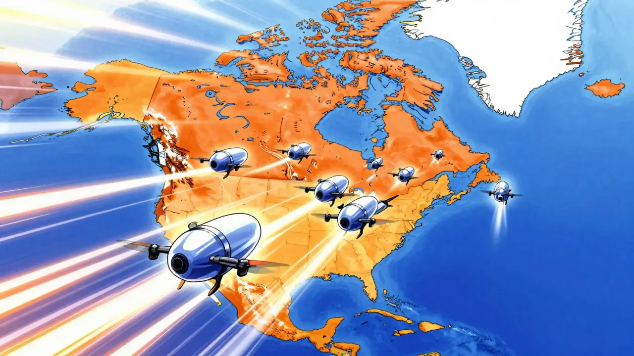 Futuristic robotic drones delivering medicine across a map of North America.