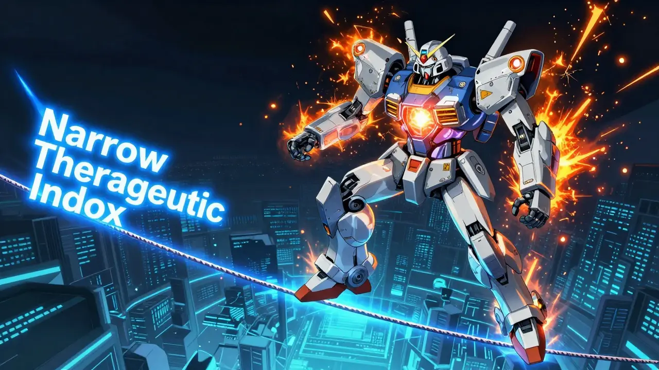 Giant robot balancing on a thin energy tightrope symbolizing the precision of NTI drugs.