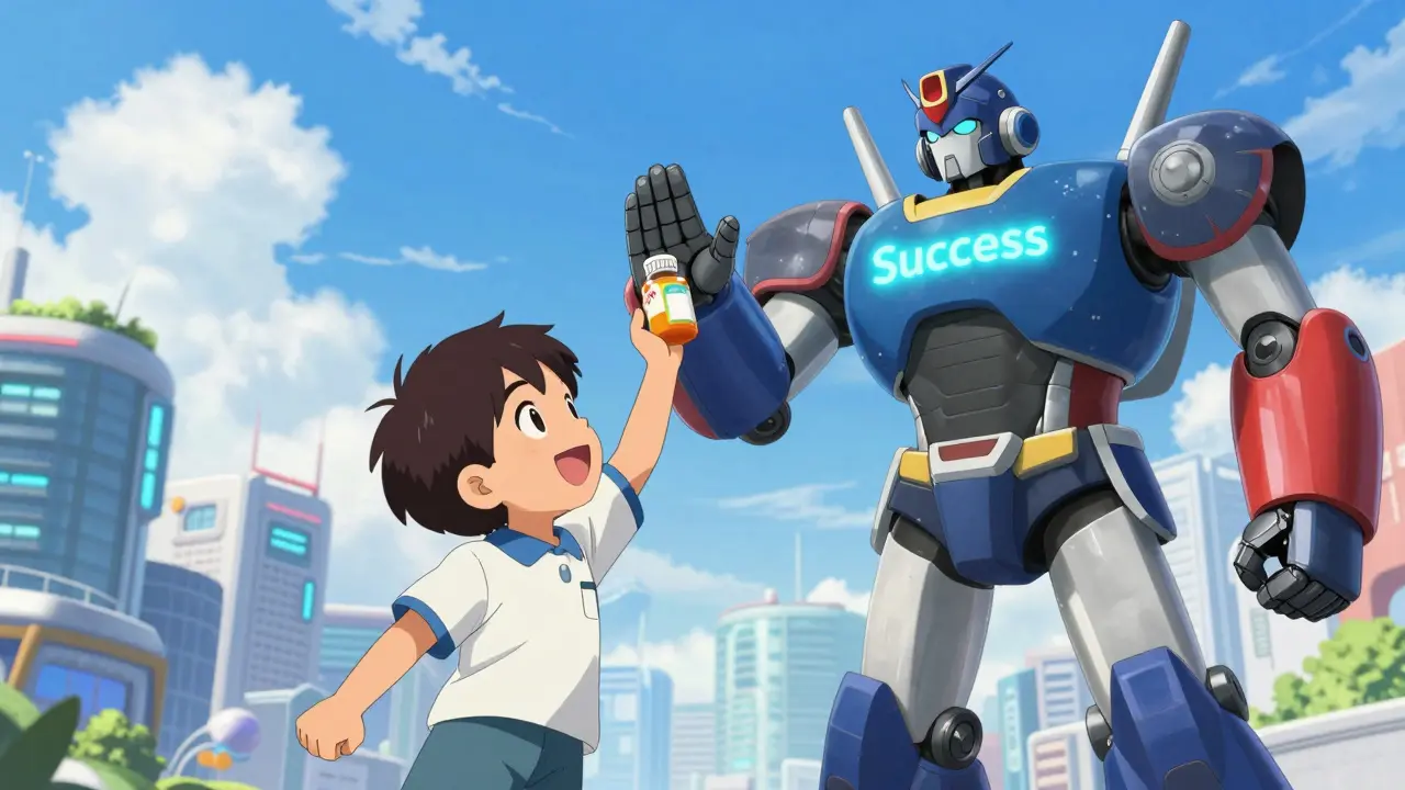 Happy child and giant robot celebrating successful medication adherence in a futuristic city.
