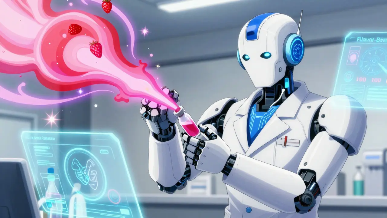 Heroic robot pharmacist using a colorful beam to flavor medication in anime style.