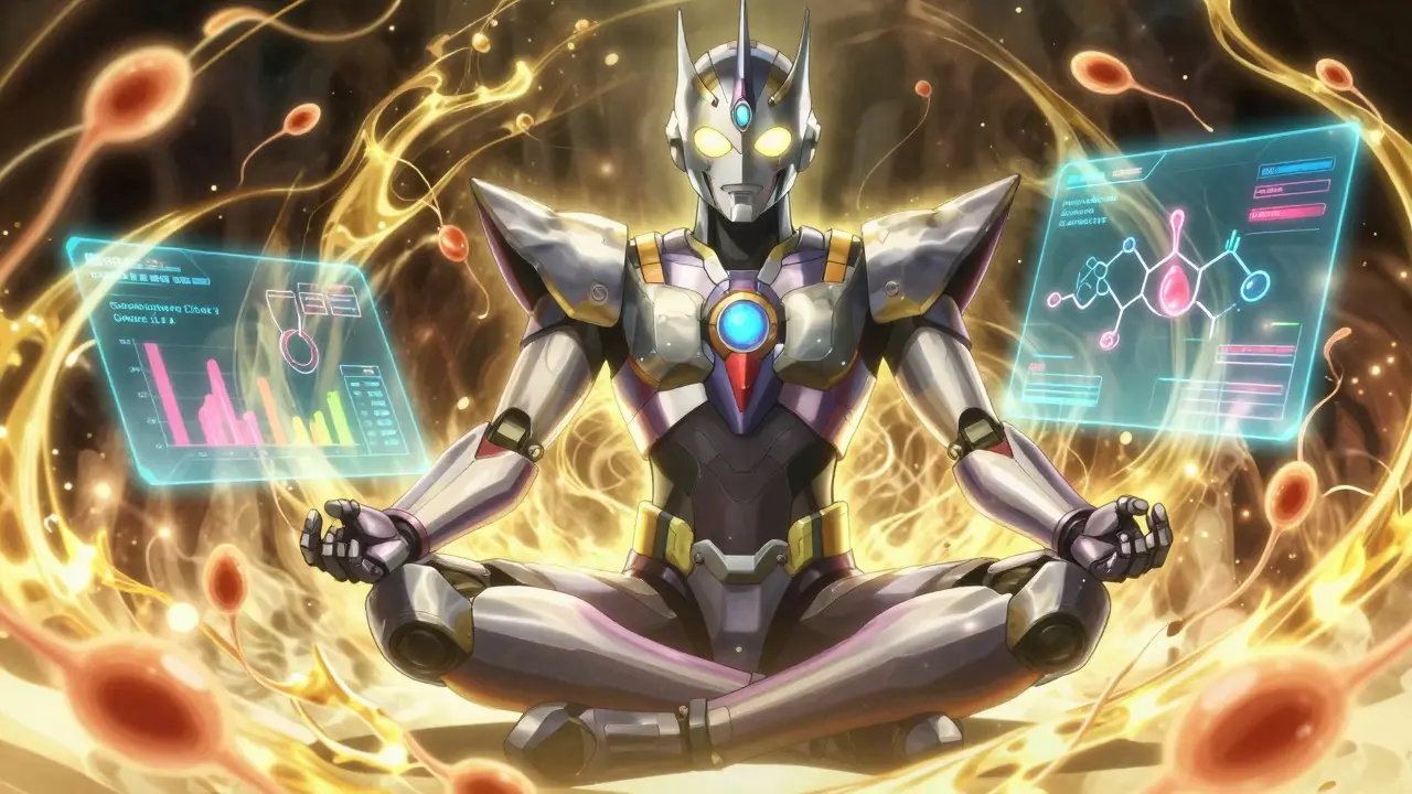 Heroic robot surrounded by energy currents symbolizing fertility and balance