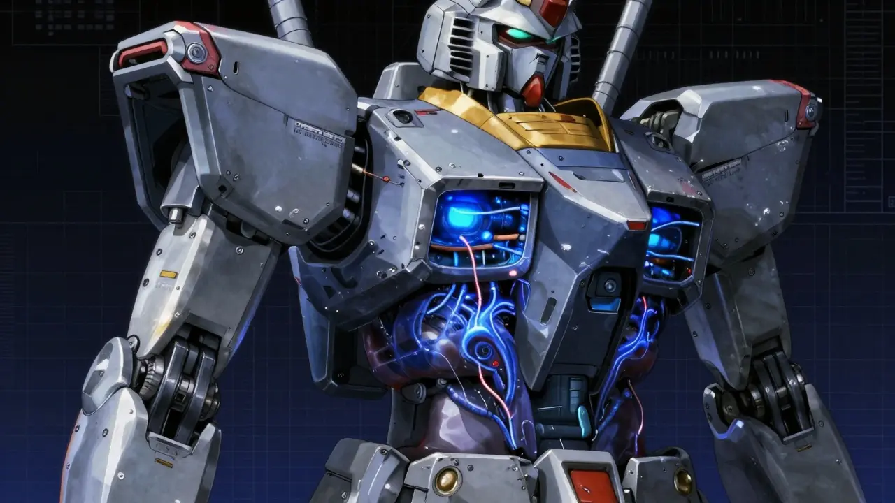 Internal view of a mecha showing fading blue energy fibers in the joints.