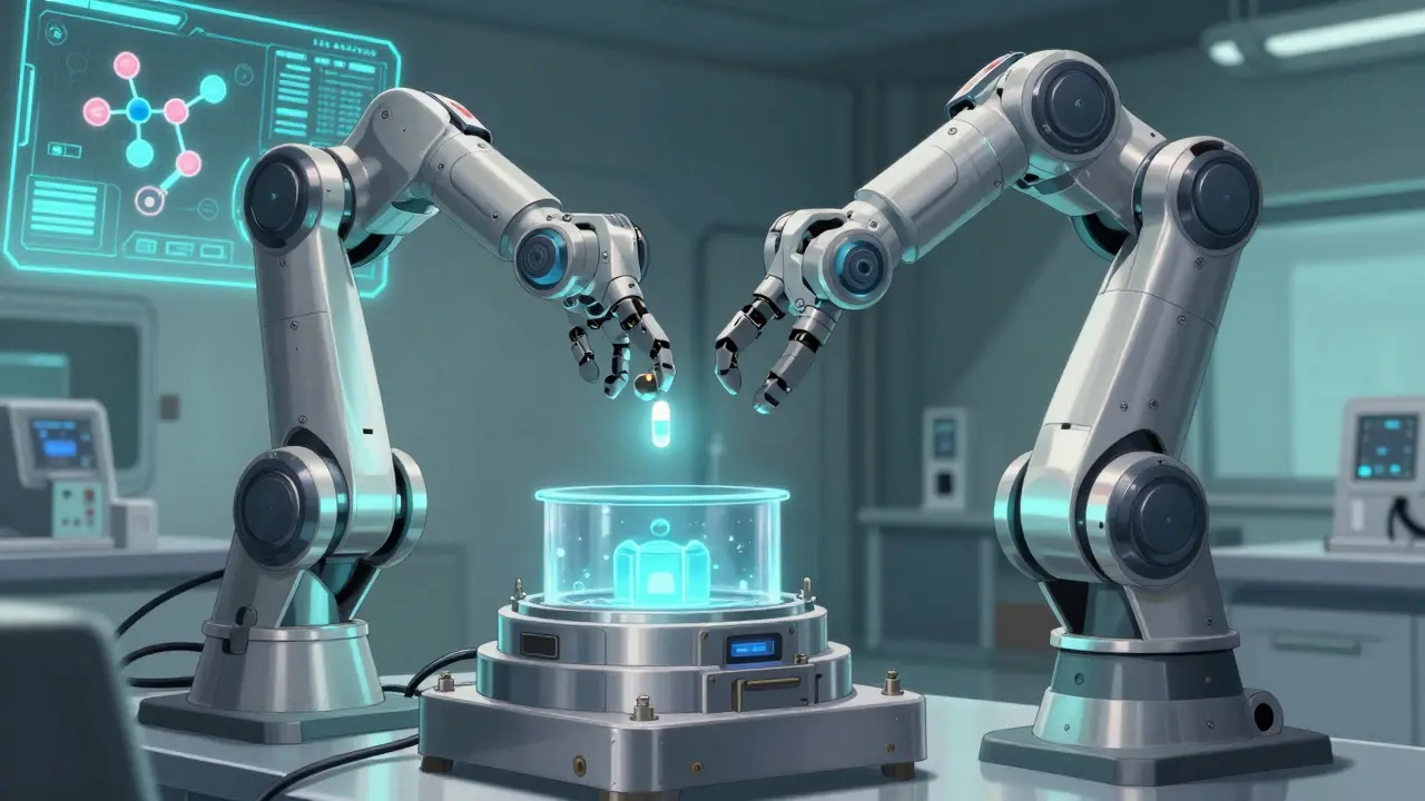 Mechanical robot arm placing a capsule into a high-tech storage unit.