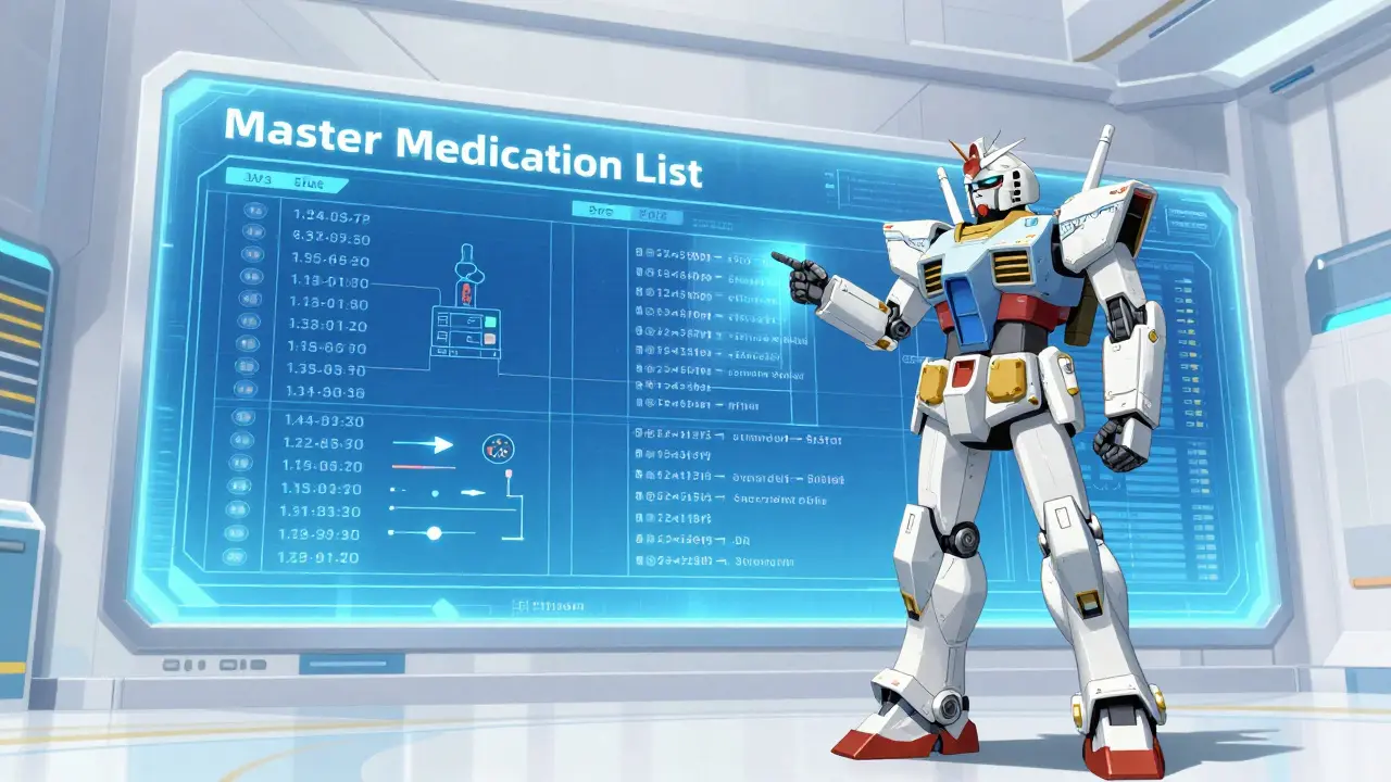 Robot commander analyzing a large holographic medication schedule and list.