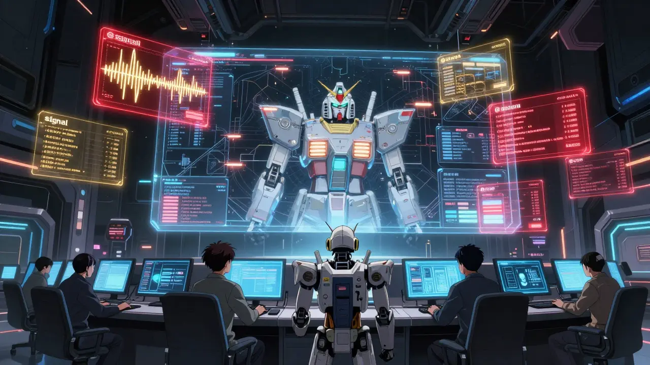 Robot operator in a high-tech command center analyzing glowing AI data signals.
