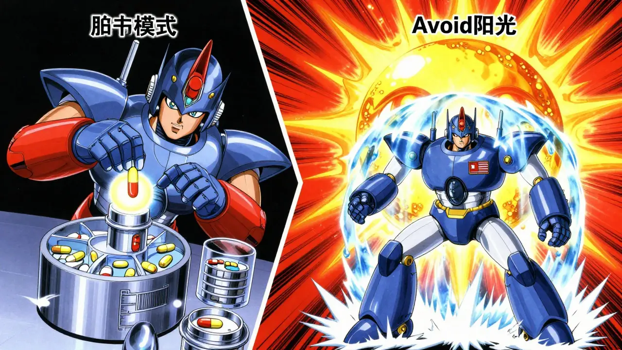 Robot using a high-tech pill organizer and shielding itself from a stylized sun.