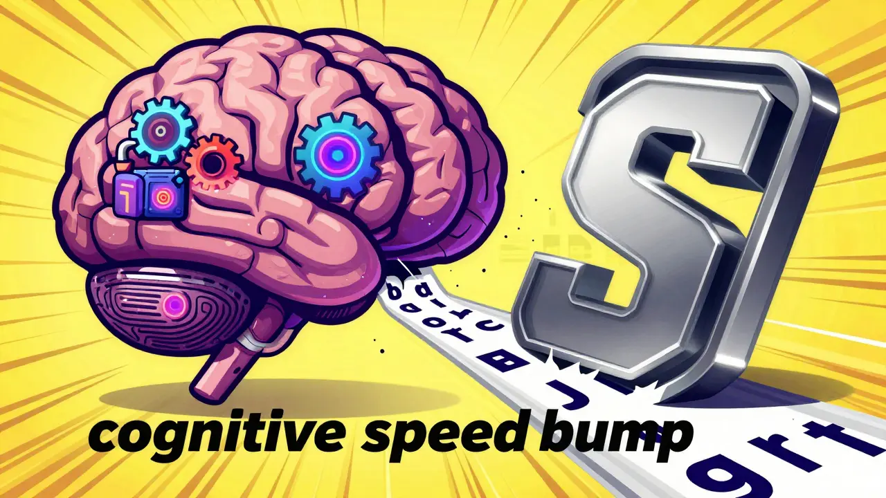 Stylized brain command center with a giant metallic letter acting as a visual barrier