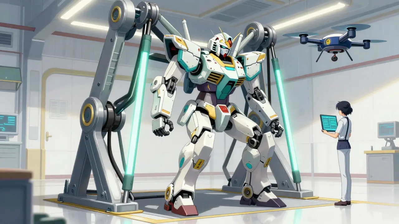Super robot performing assisted squats with resistance bands in a futuristic hangar.