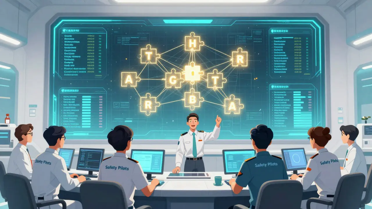 Team of tech specialists synchronizing drug names on a large holographic screen