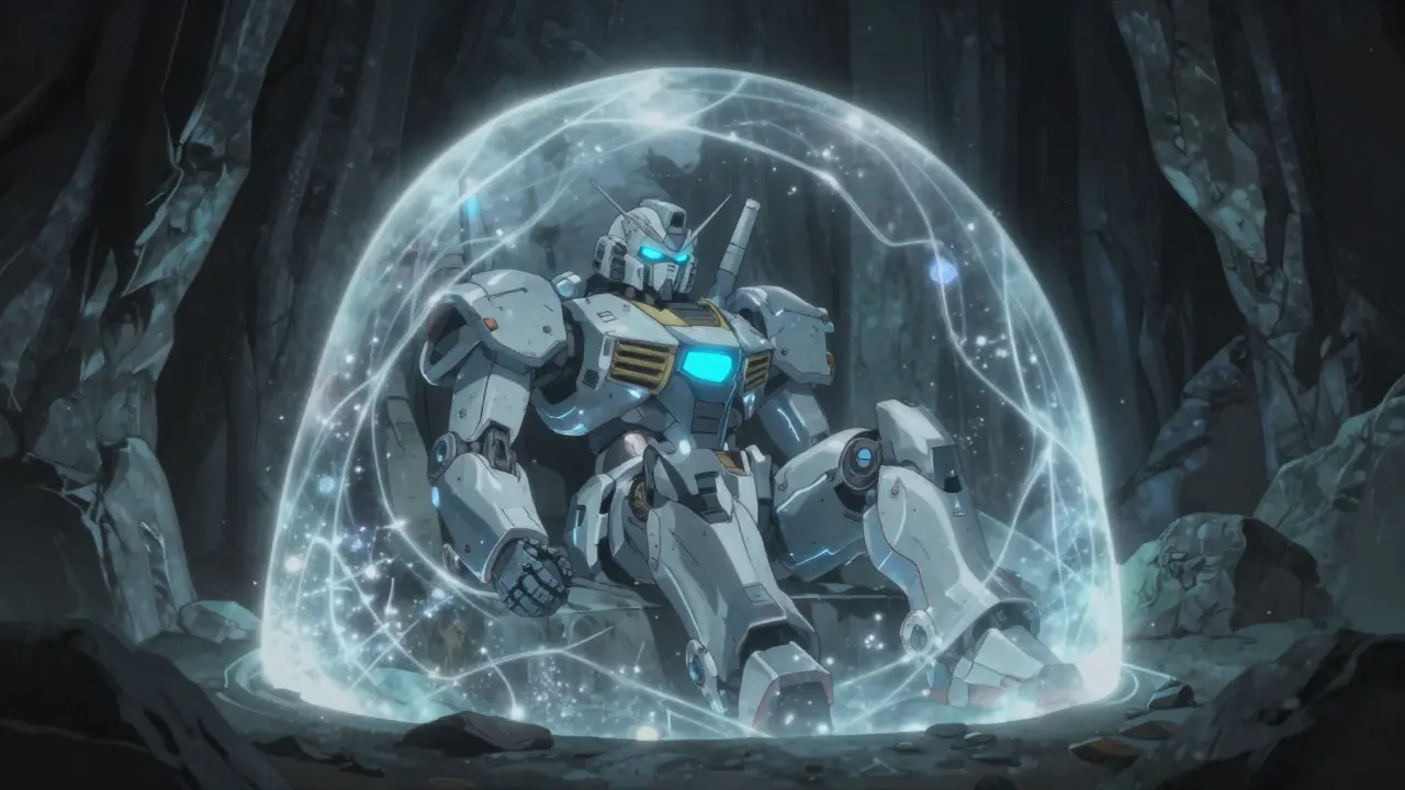 Armored mecha resting in a dark, shielded sanctuary with blue calming energy.
