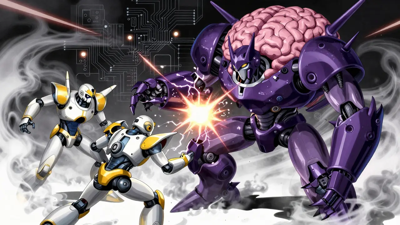 Chaotic anime battle inside the brain showing neurological disruption and delirium