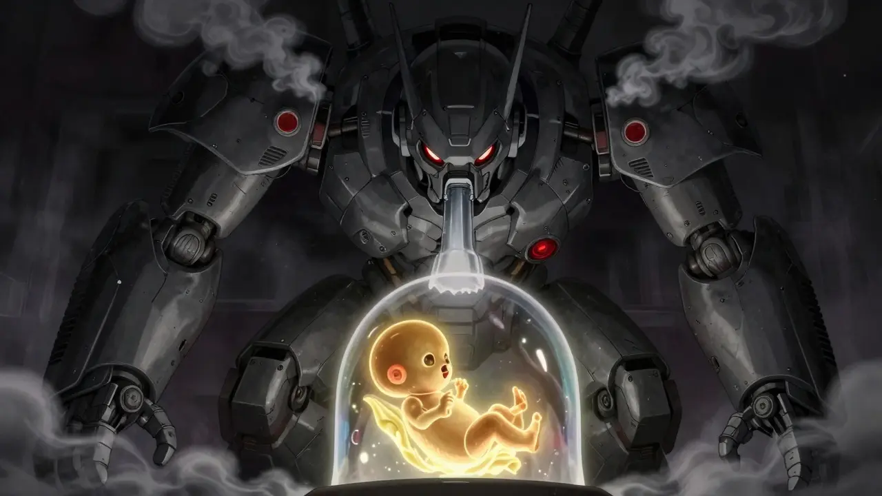 Dark mechanical monster threatening a small glowing baby robot in anime style