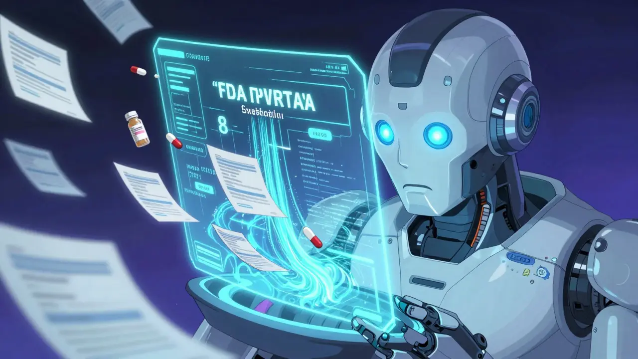 Futuristic AI robot processing fast-track drug approvals