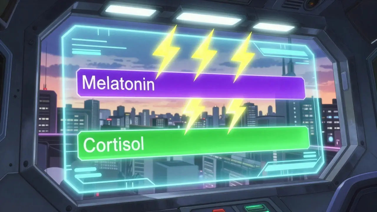 Futuristic cockpit display showing melatonin suppression by bright lights in anime style.