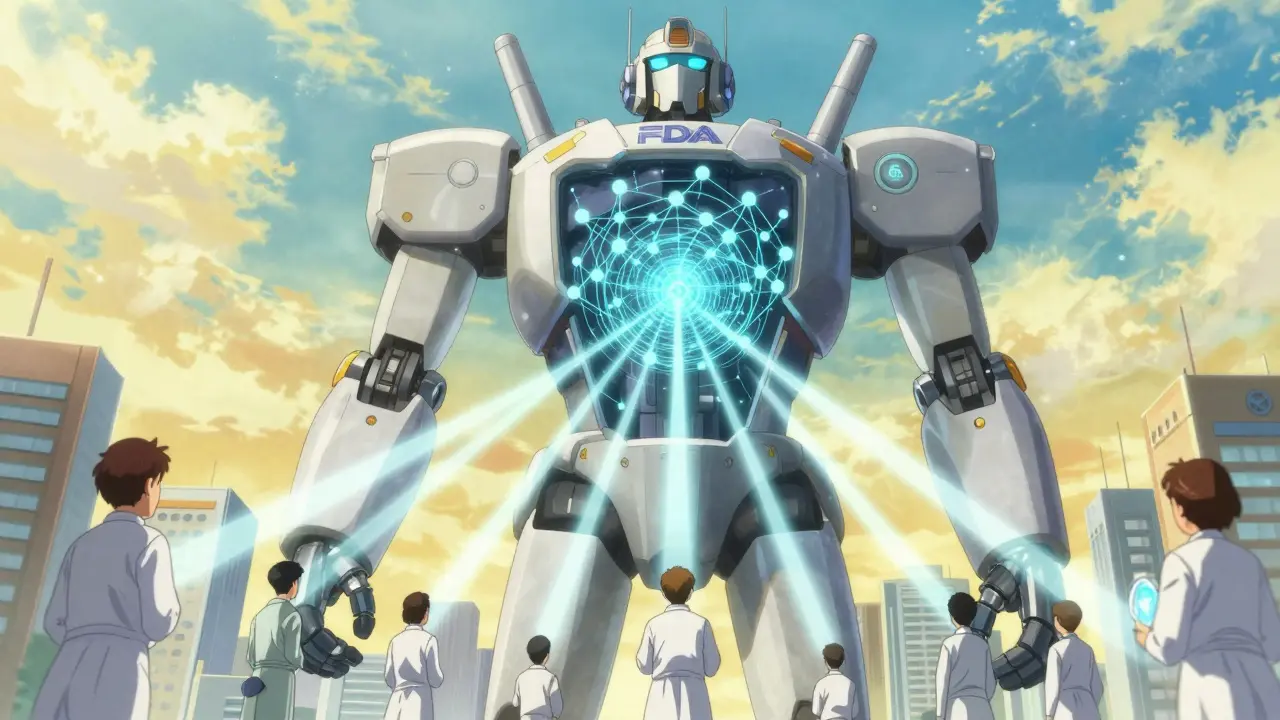Giant super-robot connected to pharmacist units, symbolizing global drug safety networks.