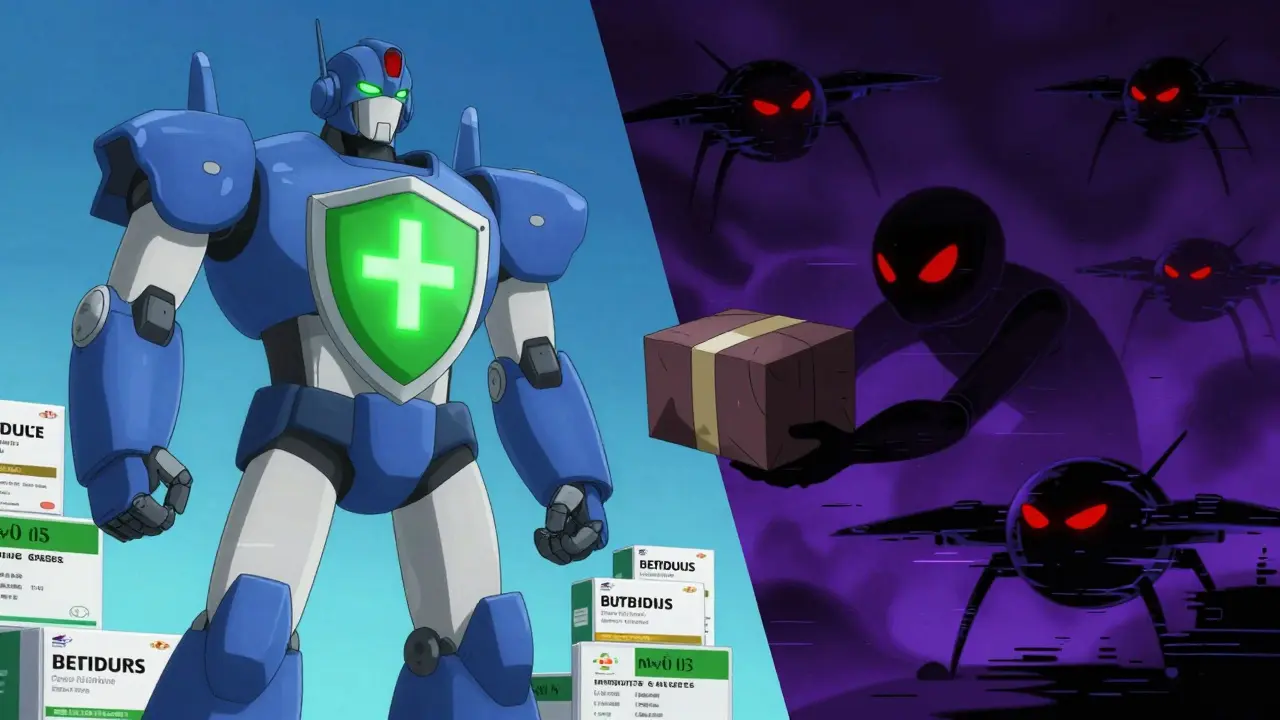 Guardian robot protecting meds from shadowy scam drones