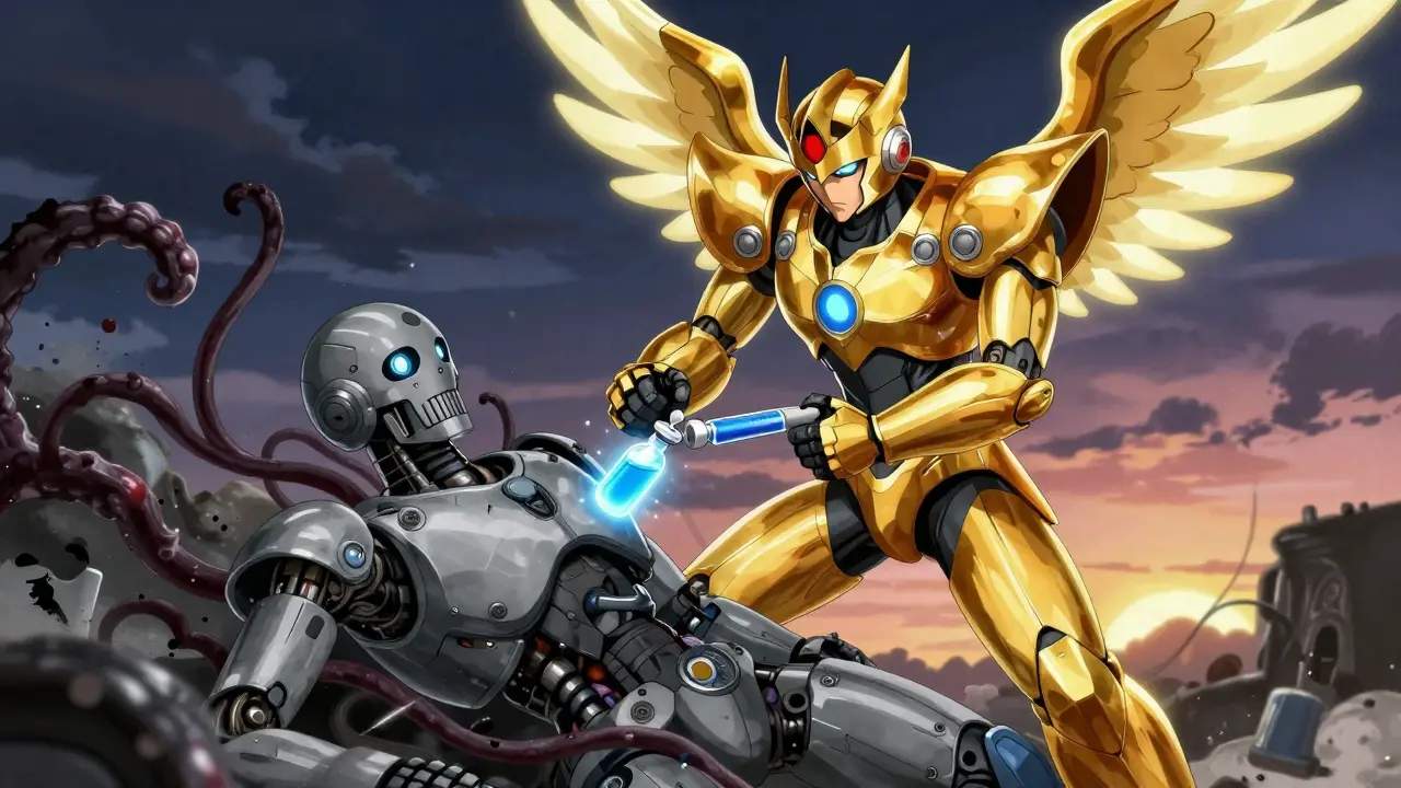 Heroic robot administering naloxone to reverse an overdose effect.