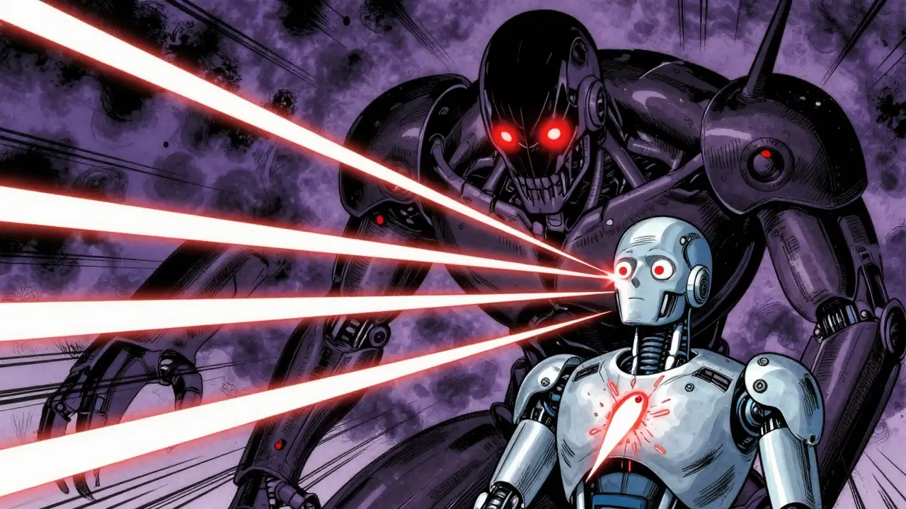 Manga-style depiction of opioid overdose symptoms attacking a robot.