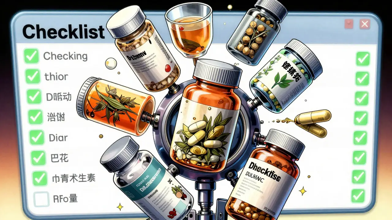 Manga style floating pills and supplements with checklist graphics