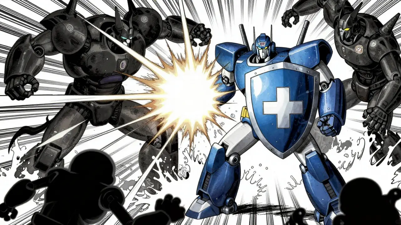 Manga style robot defending medicine supply against dark forces