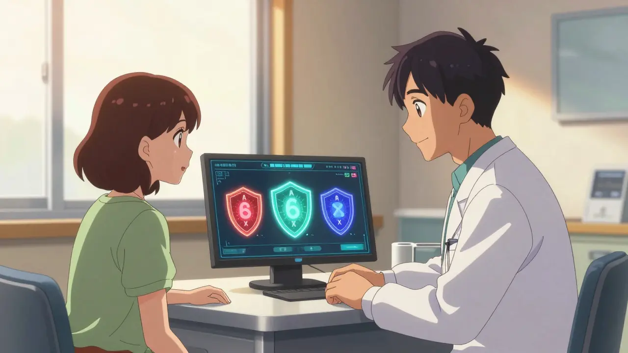Patient and doctor reviewing drug safety categories on a screen