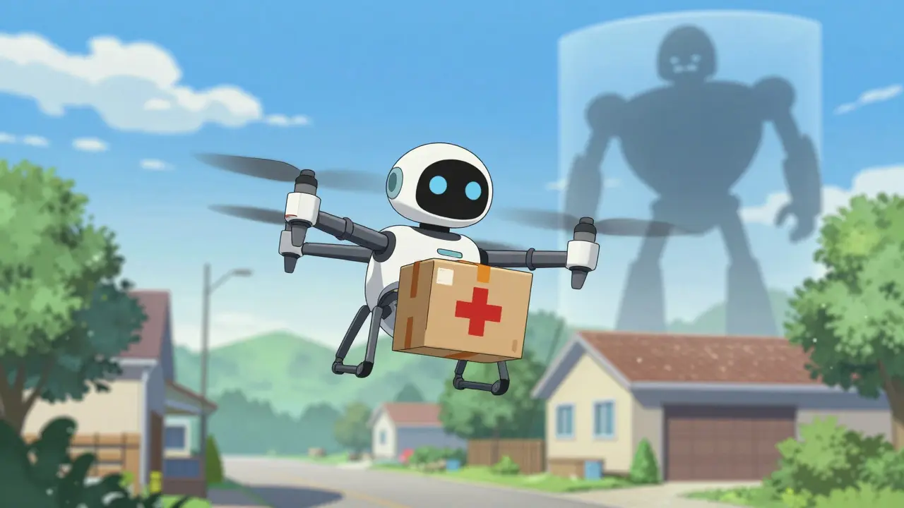Robot drone delivering medicine safely past a threat barrier.