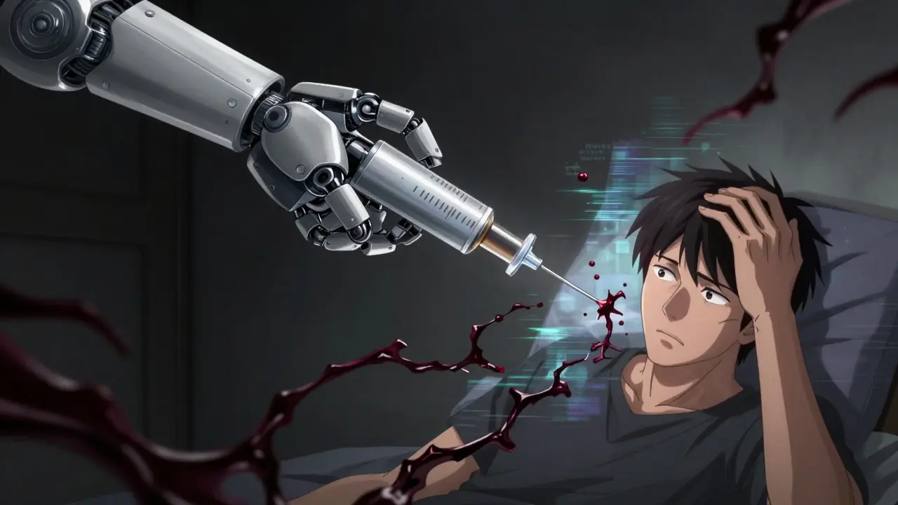 Super robot style art showing hidden dangers in generic meds leaking from a robotic syringe.