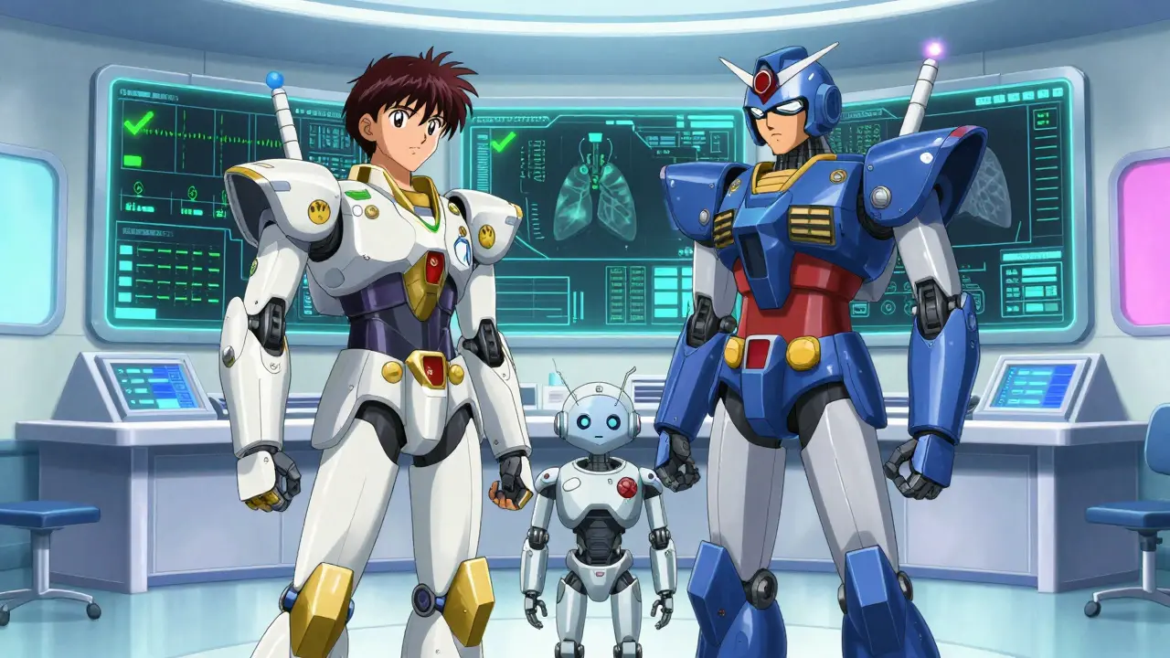 Two medical mecha robots collaborating in a high-tech control room