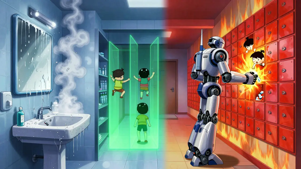 Anime super robot style comparison showing a humid, dangerous bathroom versus a secure, high-tech locking box in a hallway, with mecha elements blocking toddler access.