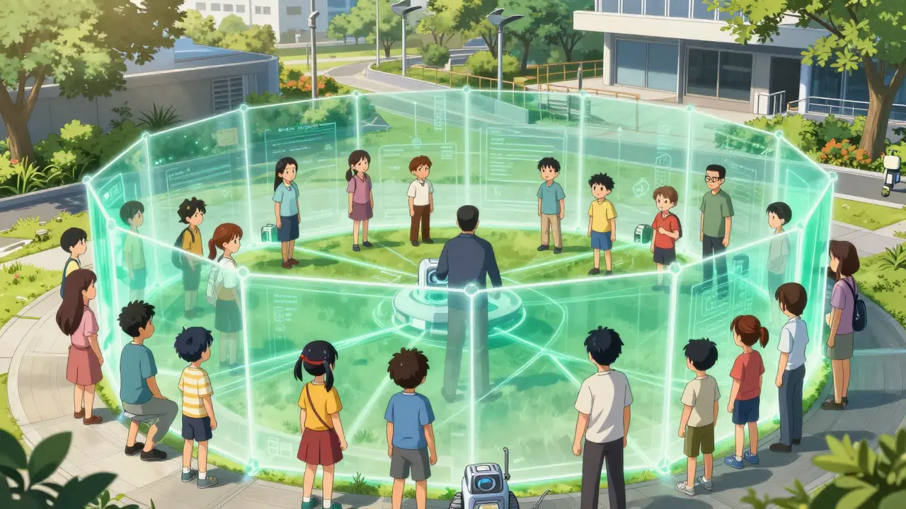 Energy shields protecting children in a park, illustrating community safety networks
