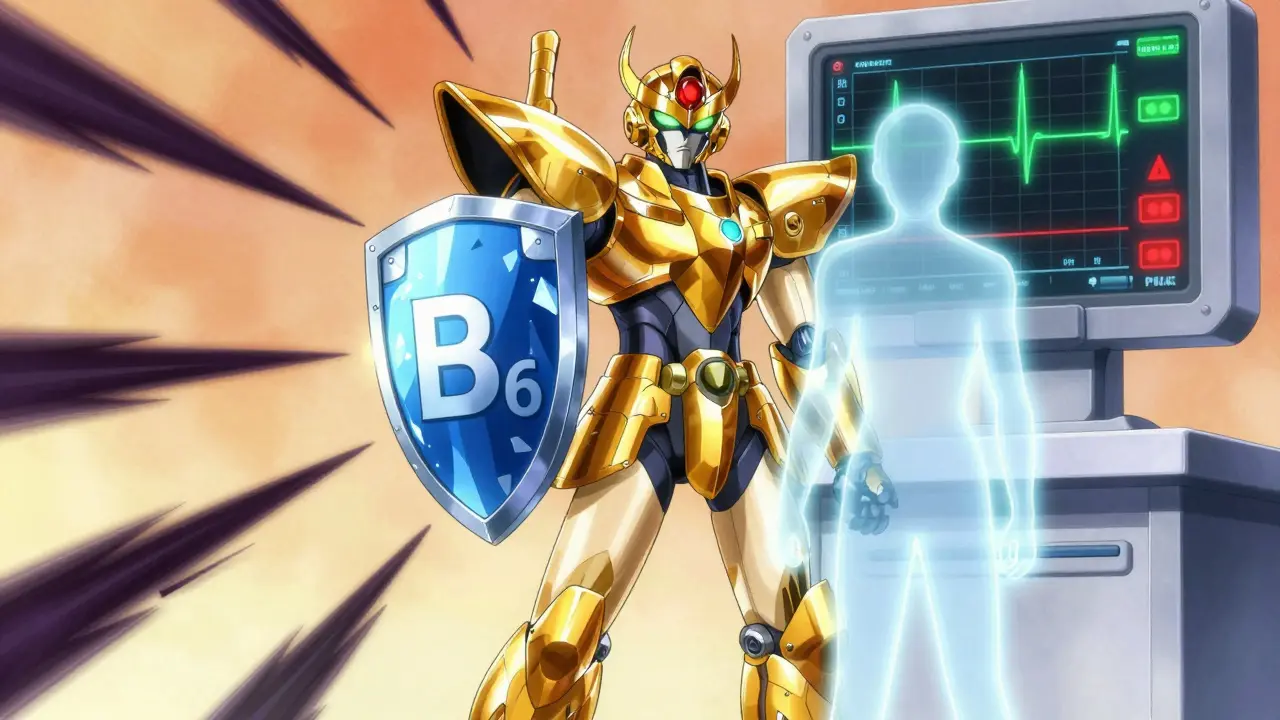 Golden robot guardian shielding patient with Vitamin B6 shield