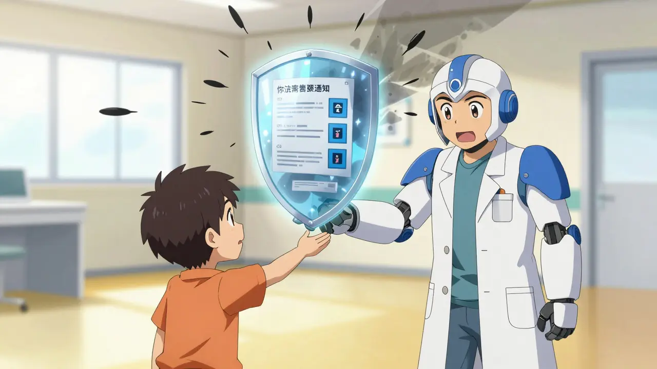 Heroic anime pharmacist robot helping patient block negative reviews with knowledge