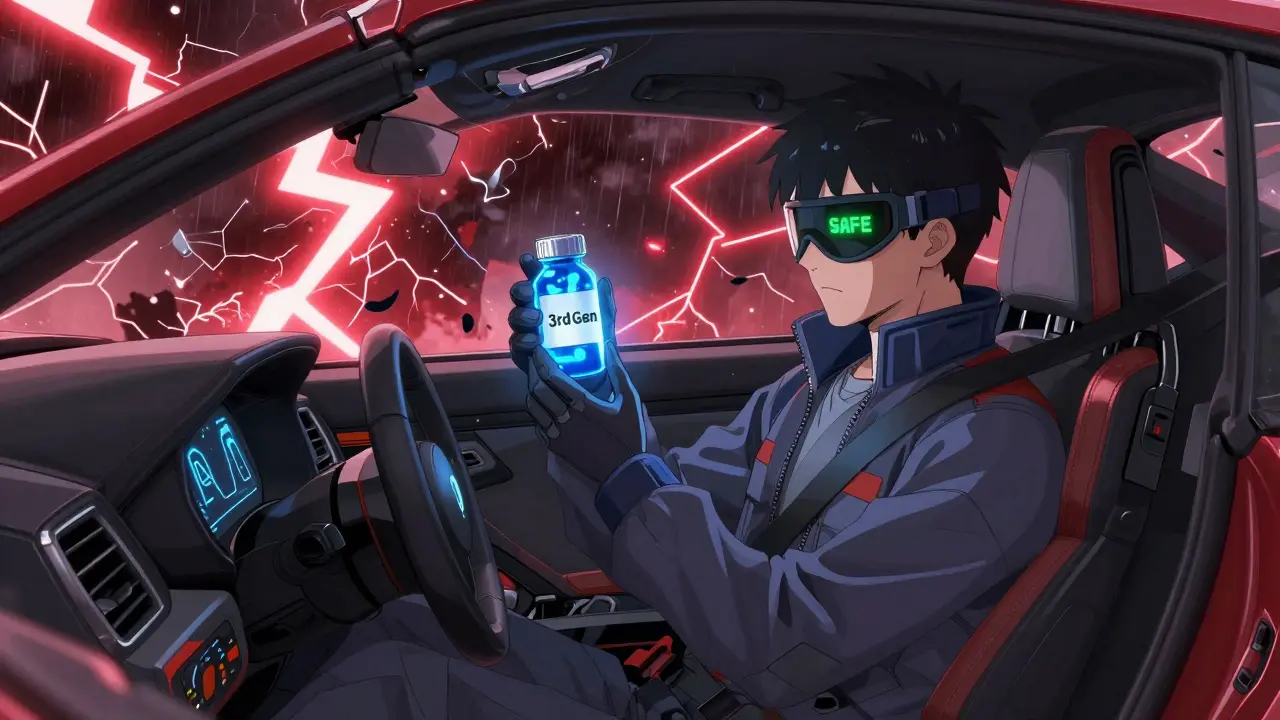 Heroic driver in a safe cockpit protected from external chaos by a shield.
