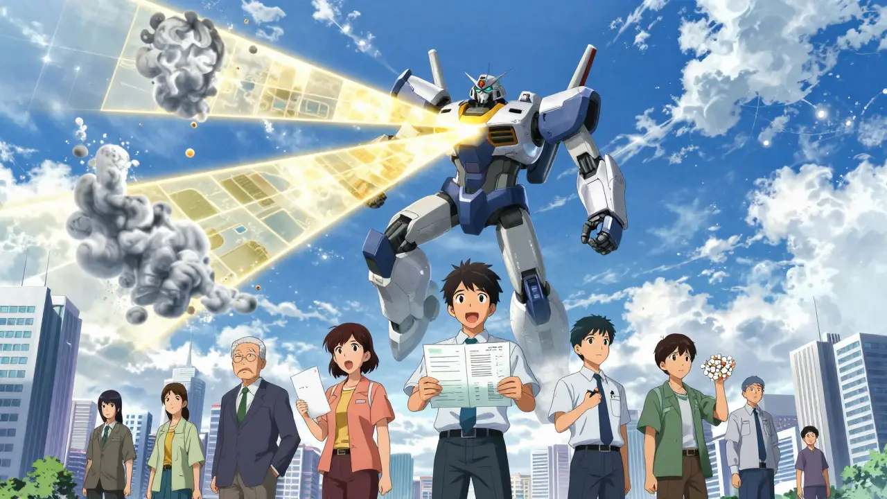 Heroic robot projecting order over city, patients holding clear charts
