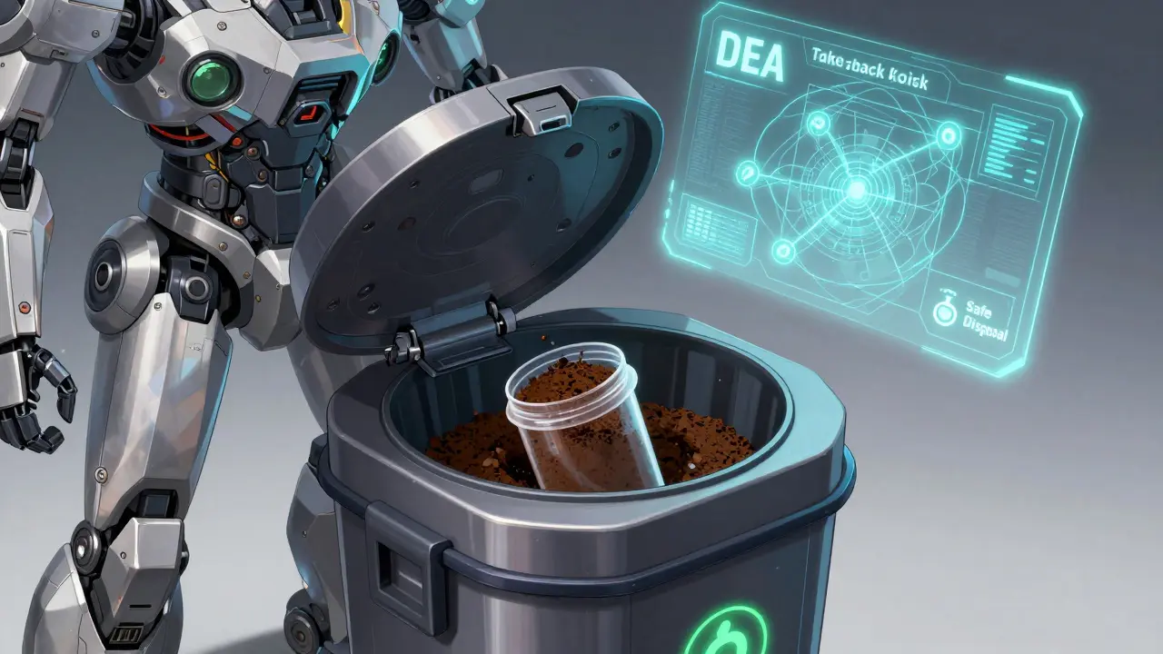 High-tech super robot style illustration of safe medication disposal using an armored bin and pointing to a DEA take-back kiosk via hologram.