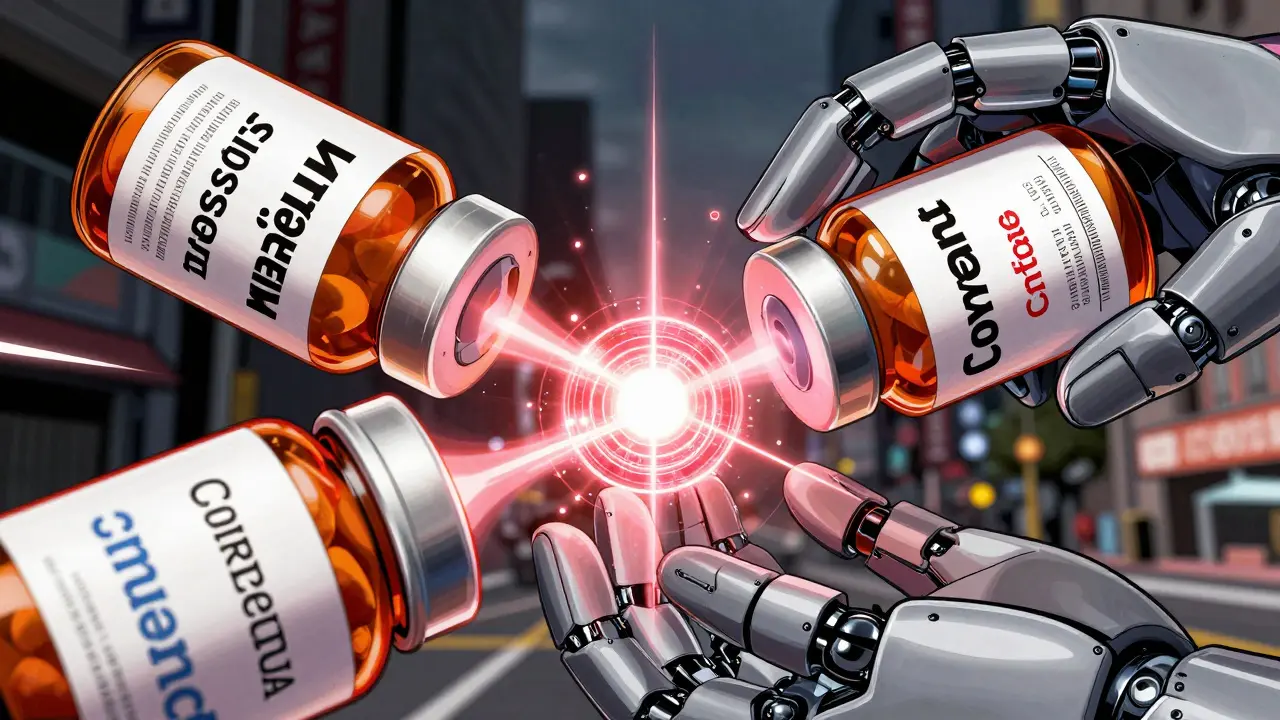 Holographic pills merging to show medication equivalence data