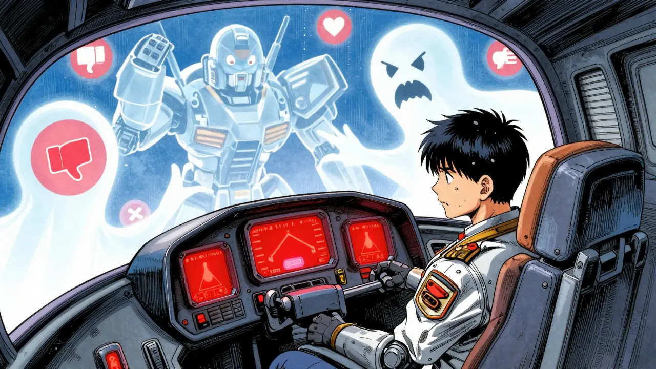 Manga style robot pilot experiencing nocebo effect from ghostly social media attacks