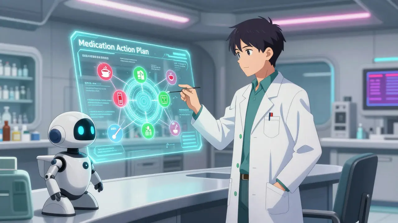 Pharmacist and drone bot reviewing holographic medication plan