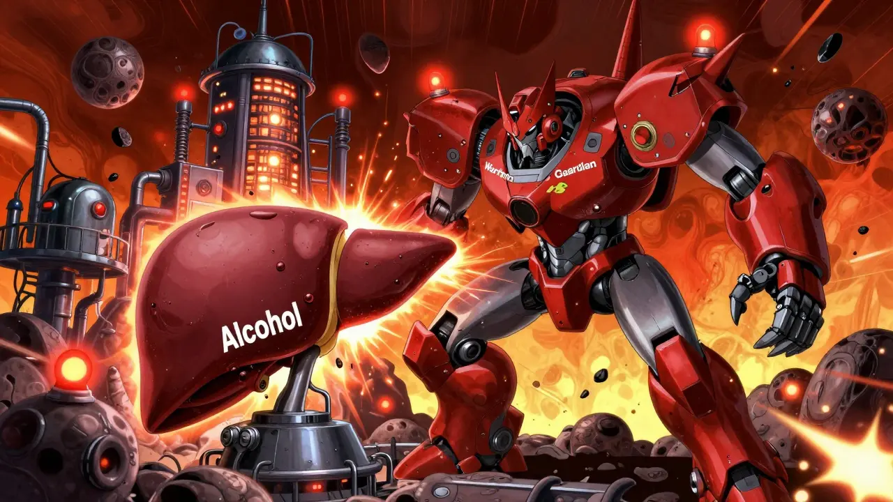 Red Alcohol monster attacking a liver factory in anime super robot style