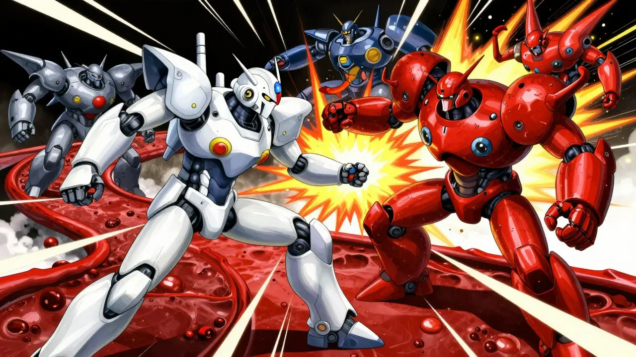 Robot battle representing drug interactions and toxic metabolites
