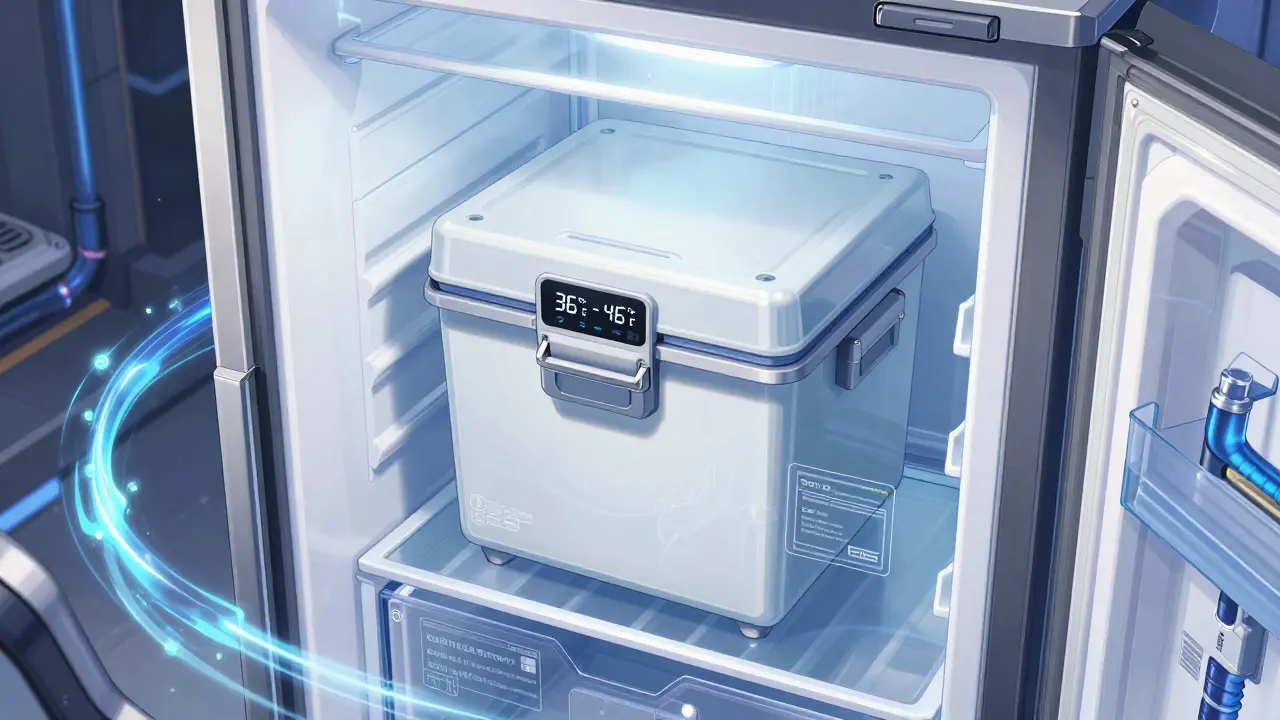 Super robot anime style depiction of insulin stored in a locked, temperature-controlled bin on a refrigerator shelf, surrounded by protective energy barriers.