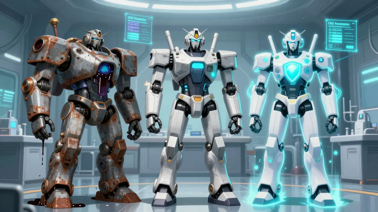 Three mecha robots representing different antihistamine generations in a lab.